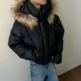 Threebooy Y2K New Fashion Retro Hip-hop Solid Color Fur Collar Thickened Cotton-padded Jacket Men High Street Popular Harajuku Wild Jacket
